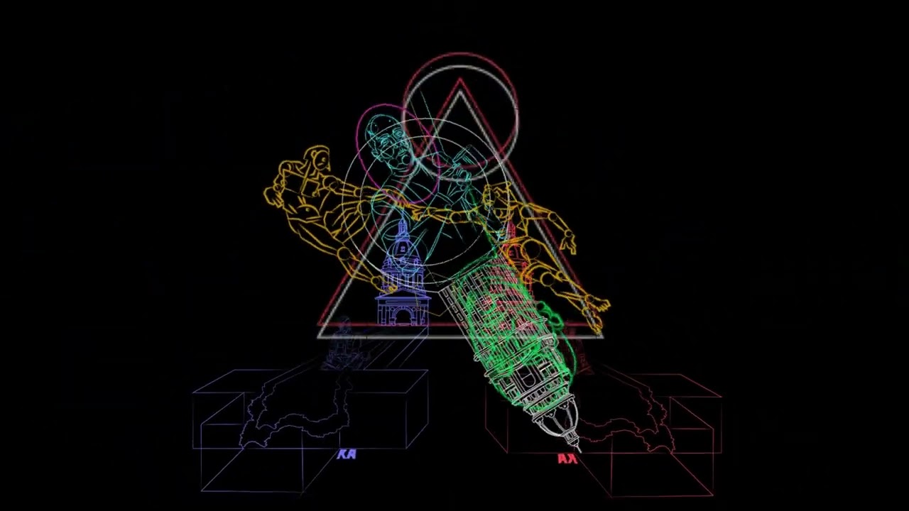 Frame from A 3D Study of Creation: coloured line drawings of Michelangelo's hands, a church, a tower, and a skull inside a triangle on black